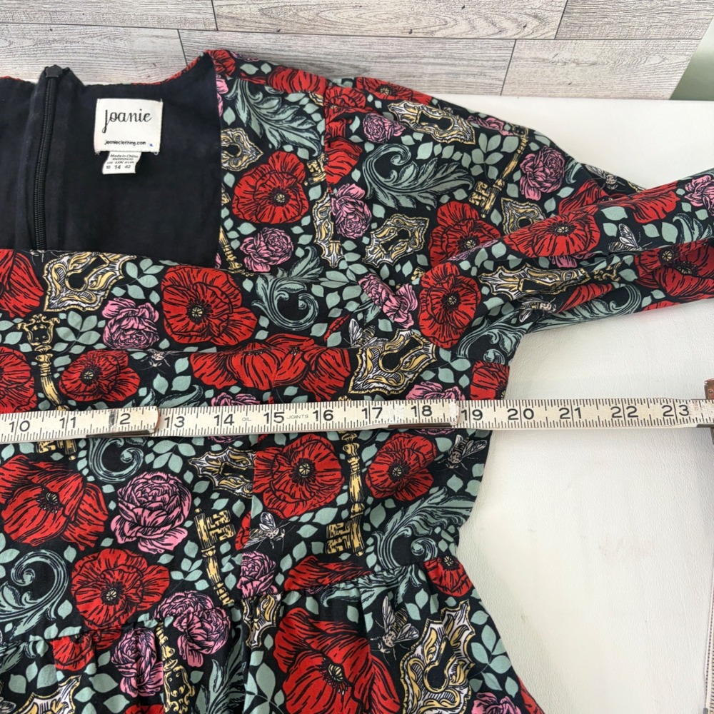 Joanie Midi Dress Women 10 Black Red Floral Key Print Square Neck Puff Sleeve - Picture 5 of 9